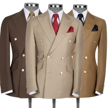 Haki Erkek Takım Elbise Slim Fit 2 Parça Klasik Düz Renk Kruvaze Blazer Düğün Damat Groomsmen Giysileri Custom Made Setleri