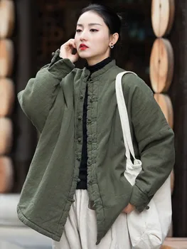 Johnature Kadınlar Vintage Sıcak Kış Parkas Katı Renk Keten Düğme Çin Tarzı Ceket Uzun Kollu Standı Elbise 2023 Yeni Parkas