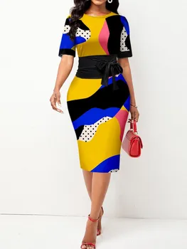 Vintage Moda Geometrik Desen Bandaj Elbise Kadınlar 2023 Klasik Yuvarlak Boyun Kısa Kollu Yüksek Bel Diz Boyu kalem Elbiseler