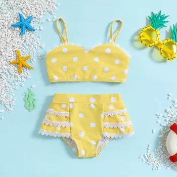 2023 Çocuk Bikini Polka Dot Dantel Splice Bikini Bölünmüş Askı Seti Kız Mayo İki Parçalı Set