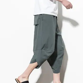 2023 Yaz Harajuku Buzağı Uzunlukta günlük erkek pantolonları Gevşek Geniş Bacak dökümlü pantolon Kore Tarzı Çapraz Bacak Açılış kapri pantolonlar
