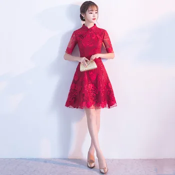 Yeni Parti Akşam Cheongsam Elbise Oryantal Çin Tarzı Kadın Zarif Dantel Qipao Seksi Düğün Balo Kısa Elbise Retro Vestido