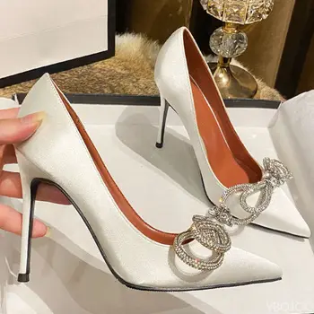2022 YENİ Kadın Seksi Parti Gece Kulübü Yay yüksek topuk ayakkabı Bayan Sevimli Gümüş Pompaları Tatlı Ayakkabı Mujer