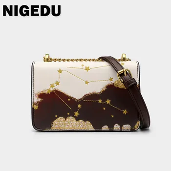 NIGEDU kadın omuzdan askili çanta küçük Moda Nakış yıldız kızlar zincir postacı çantası PU deri Bayan flap telefonu çanta çanta