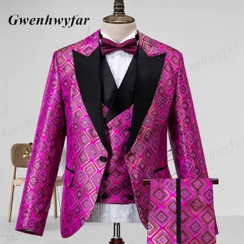 Gwenhwyfar Erkek Takım Elbise Yüksek Kalite 2022 Serin Kare Desen Gül Pembe Damatlar Smokin Afrika Tarzı Renkli Blazer Custom Made