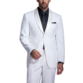 Düğün erkek Takım Elbise Beyaz Resmi Parti Setleri Groomsmen Şal Saten Yaka Damat Smokin Düğün En İyi Erkek Kıyafeti (Ceket + Pantolon)