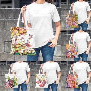 Güzel Çeşitli Çiçekler Renkli Kelebek Baskı Kadın Çanta Gitmek alışveriş bez çantalar Eko Reclycling Kullanımı Büyük Çanta