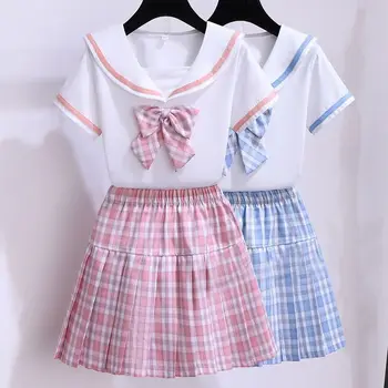 Kızlar Etek Öğrenci JK Takım Elbise Kore Versiyonu Kısa kollu yaz elbisesi Kız Tatlı Gömlek Kolej Tarzı Pilili Etek İki parçalı Set