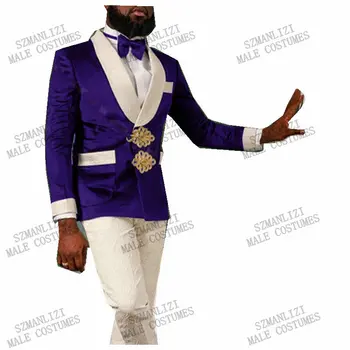 2021 Kraliyet Mavi Kadife Ceket Groomsmen Damat Smokin Kruvaze Erkek Takım Elbise Düğün İçin En İyi Erkek Blazer + Desen Pantolon + Yay