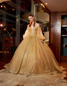 Altın Charro Quinceanera elbise Balo Uzun Kollu Sequins Sparkle Kabarık Meksika Tatlı 16 Elbiseler 15 Anos